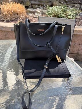 Calvin Klein Black Leather Tote with Gold Accents